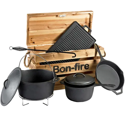 Bon-fire støbejernssæt i trækasse