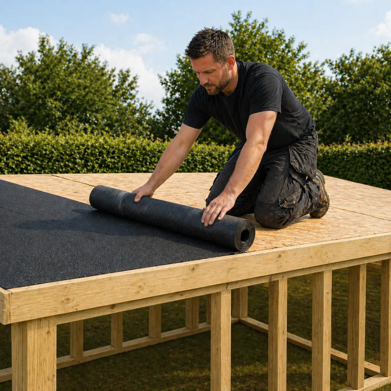 montering af tagpap på skur