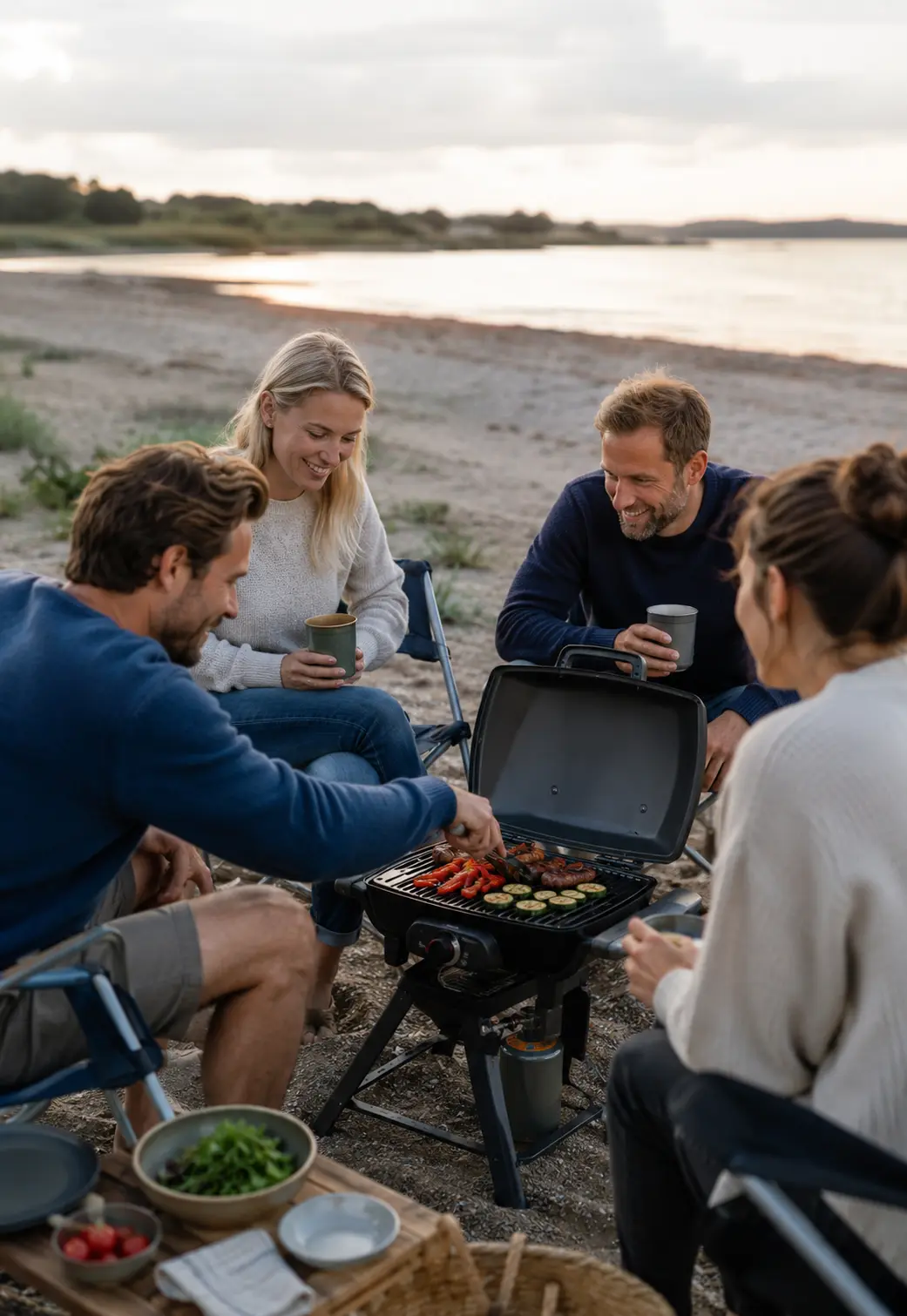 fire personer griller på stranden
