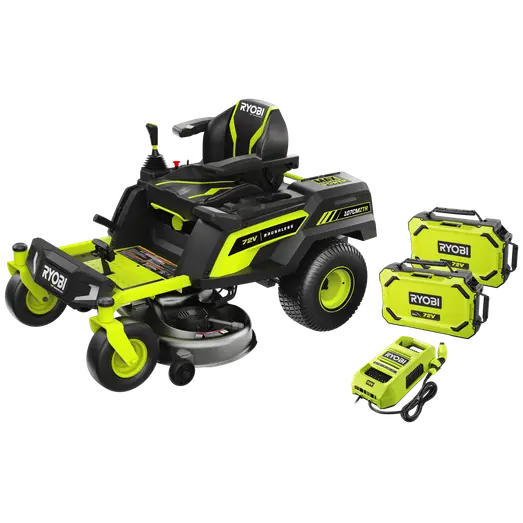 Ryobi RY72ZTRX107-210 72V 107 cm zero turn plæneklipper 2x10 Ah batt.