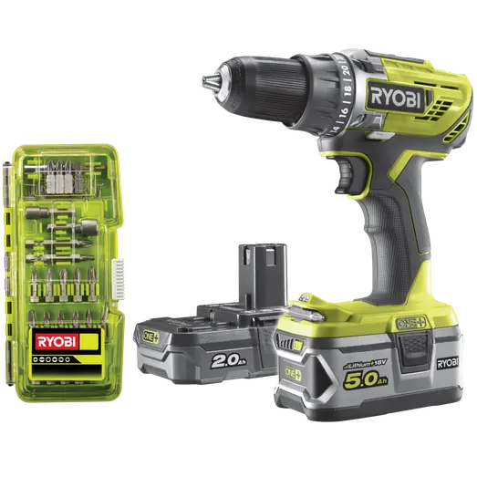 Ryobi R18DD3-252T akku bore-/skruemaskine 1x2,0+1x5,0 Ah 18V ONE+ inkl. 17 dele tilbehør