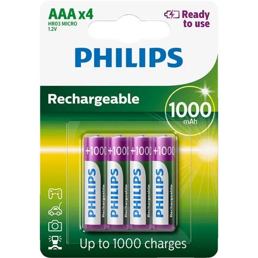 Philips genopladelig batteri 1000 mAh HR03/AAA 4 stk.