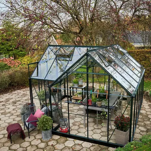 Halls Garden Room drivhus grøn med hærdet glas, inkl. sokkel 12,9 m²