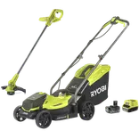 Ryobi kombisæt 18V ONE+ plæneklipper/græstrimmer 4,0Ah batteri og lader