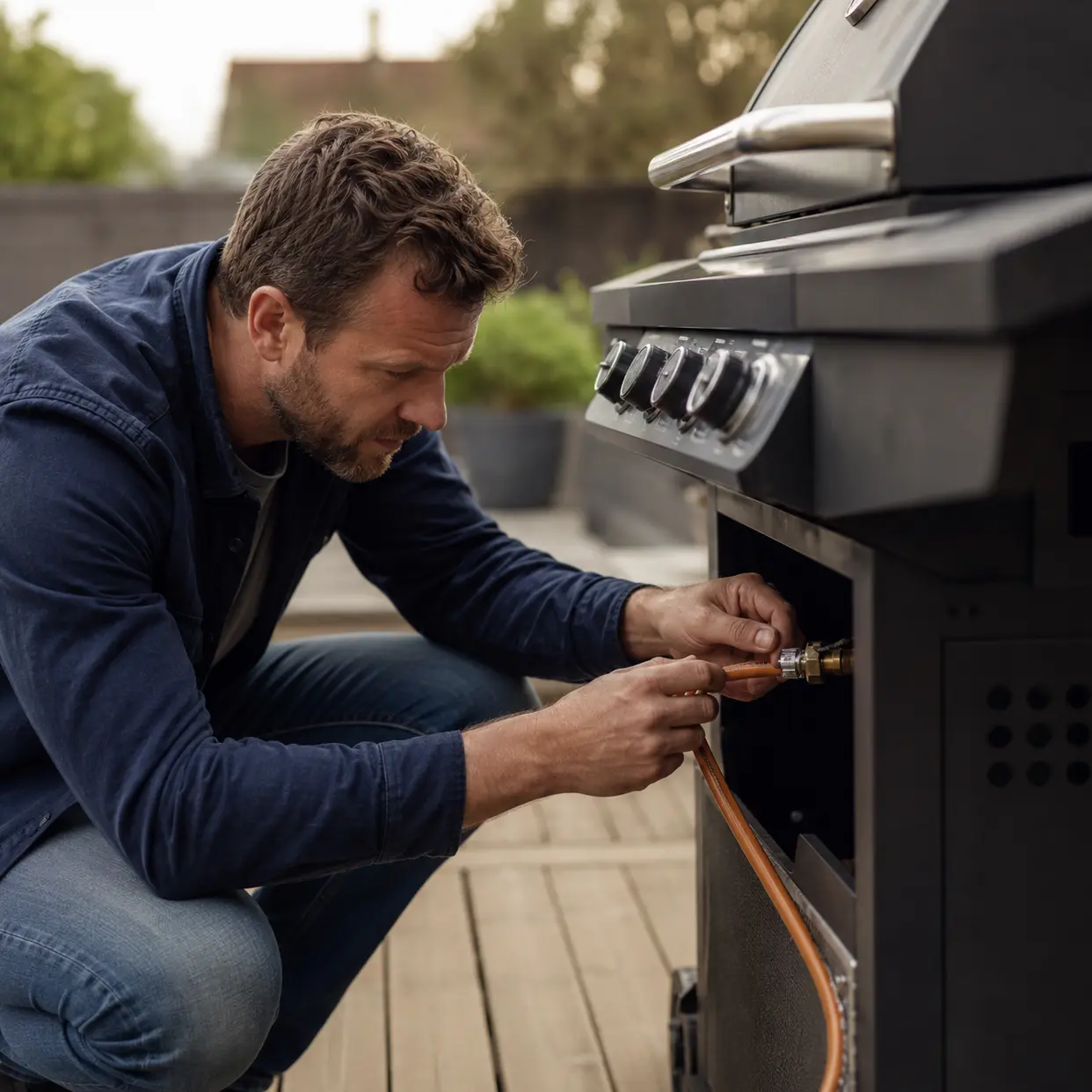 slange og regulator tjekkes på gasgrill