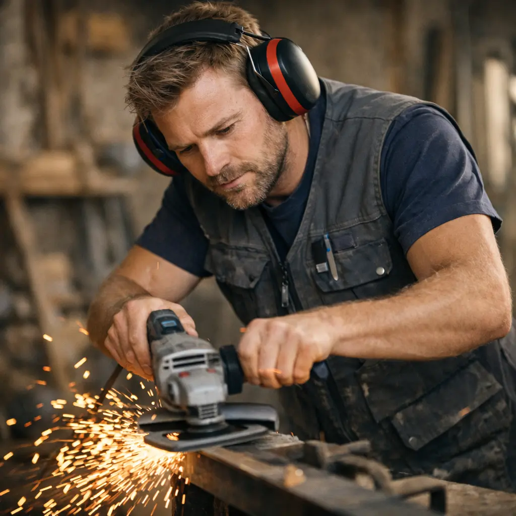 mand med passive høreværn arbejder med vinkelsliber