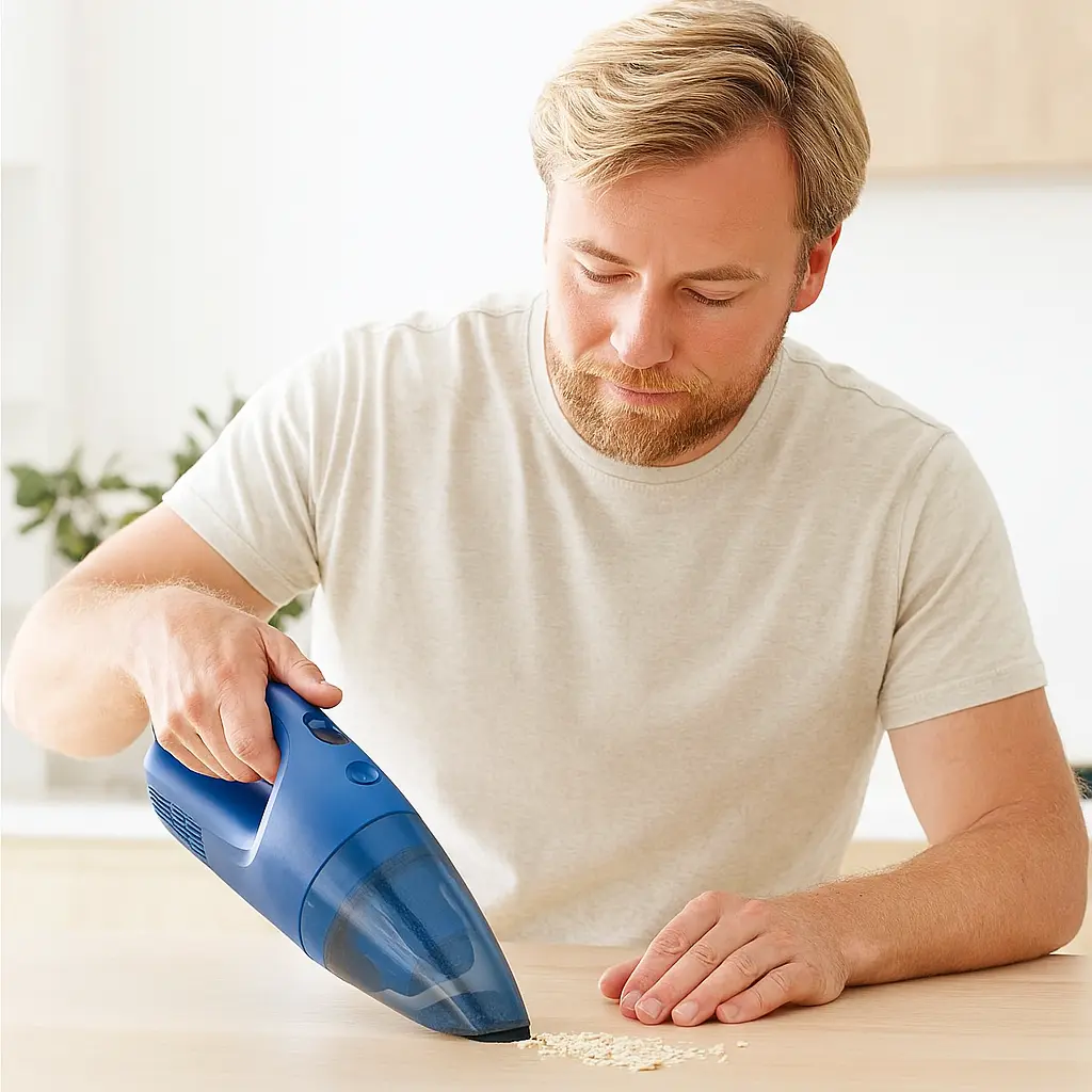 mand med håndstøvsuger