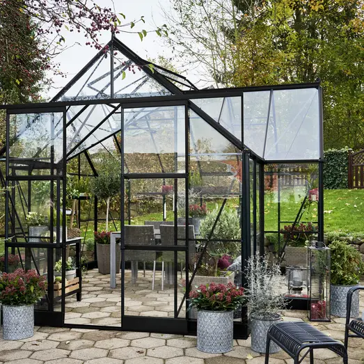 Halls Garden Room drivhus grøn med hærdet glas, inkl. sokkel 12,9 m²