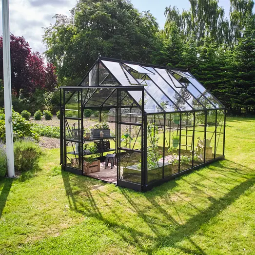 Halls ICON 8 9,7 m² sort m/3 mm hærdet glas og fundament