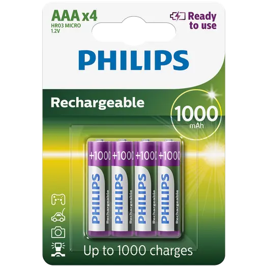 Philips genopladelig batteri 1000 mAh HR03/AAA 4 stk.