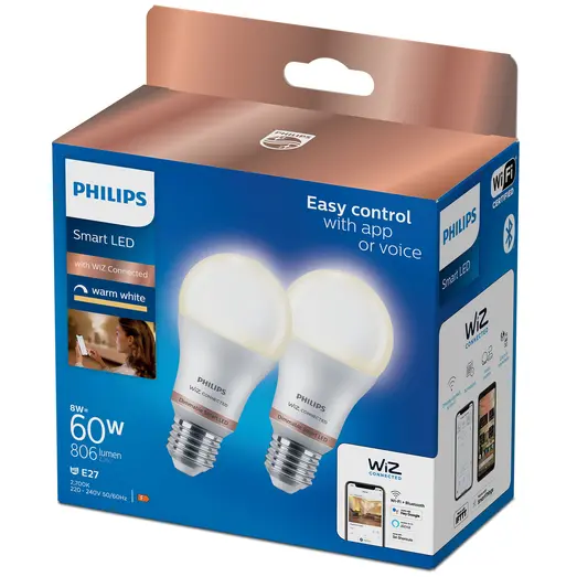 Philips Smart WiZ white LED pærer E27 8,5W standard mat 2 stk