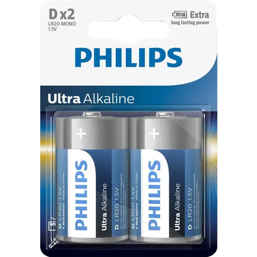 Philips Ultra alkaline LR20 batteri 2 stk.