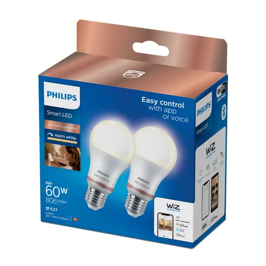 Philips Smart WiZ white LED pærer E27 8,5W standard mat 2 stk