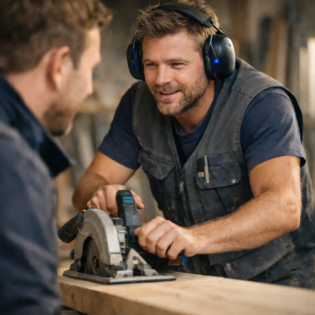 håndværker iført aktive høreværn snakker med kollega
