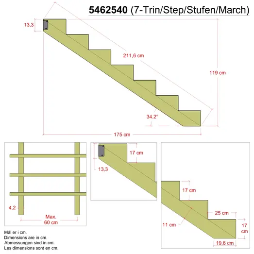 Plus 34,2° Trappevange 7 trin m/beslag  Trindybde 25 cm