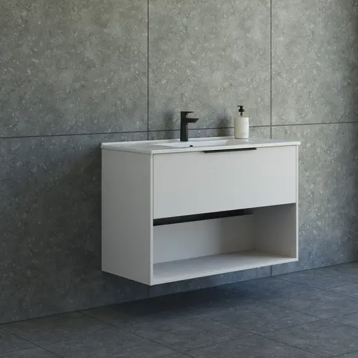 Scanbad NOW vaskeskab m/én skuffe og åbent rum 65,8x45,5 mat sand glat front