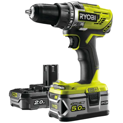 Ryobi R18DD3-252T akku bore-/skruemaskine 1x2,0+1x5,0 Ah 18V ONE+ inkl. 17 dele tilbehør