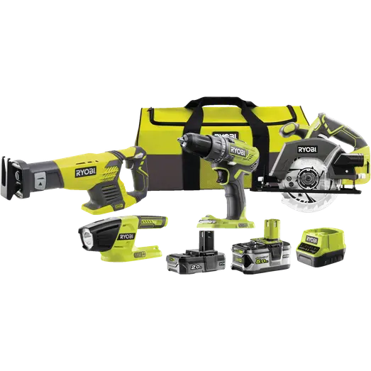 Ryobi R18CK4-252S håndværkersæt 4 dele 1x2,0 + 1x5,0 Ah batterier 18V ONE+