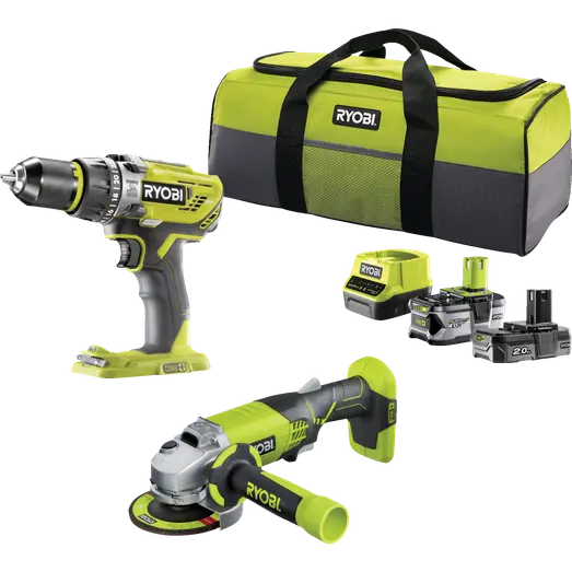 Ryobi håndværkersæt bore-/skruemaskine, vinkelsliber, batterier og taske