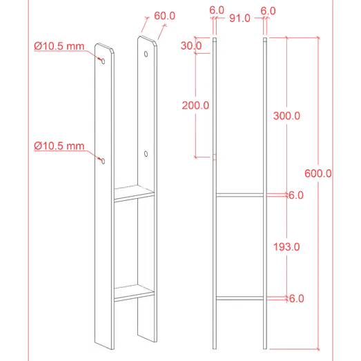 Plus H-stolpefod 60 cm 9x9 cm stolper til nedstøbning m/skruer