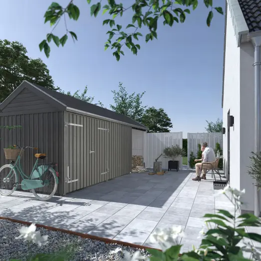 Plus Classic Multi Havehus 14,5 m²  3 moduler m/dobbeltdør og åben/lukket front  inkl. tagpap/alulister/H-stolpefødder