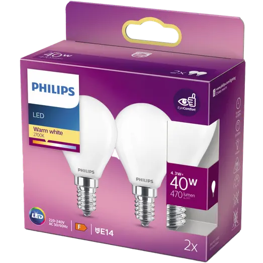 Philips Krone LED pære E14 40W 2 pack