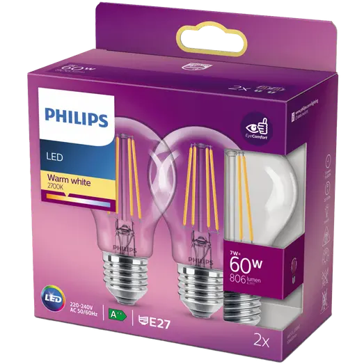 Philips Standard LED pære E27 60W 2 pack