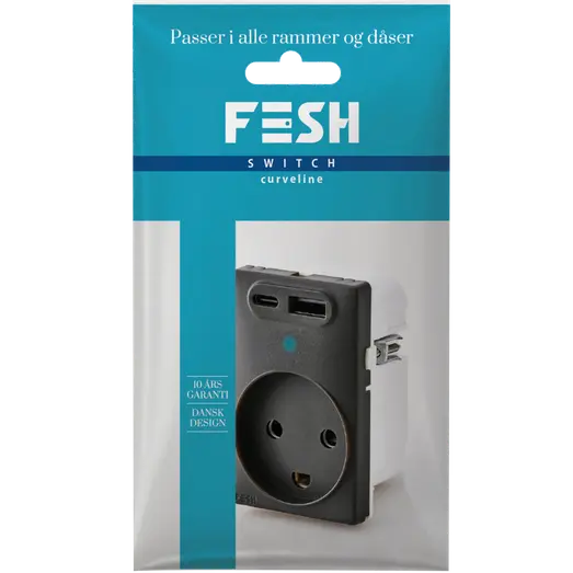 FESH SWITCH Curveline stikudtag 2x USB 1,5 m/jord koksgrå