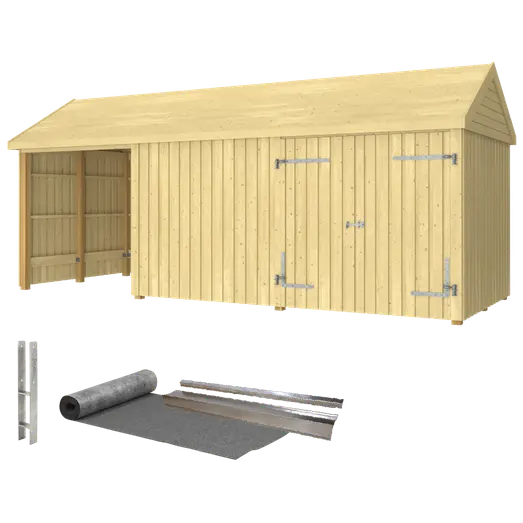 Plus Classic Multi Havehus 14,5 m²  3 moduler m/dobbeltdør og åben/lukket front  inkl. tagpap/alulister/H-stolpefødder