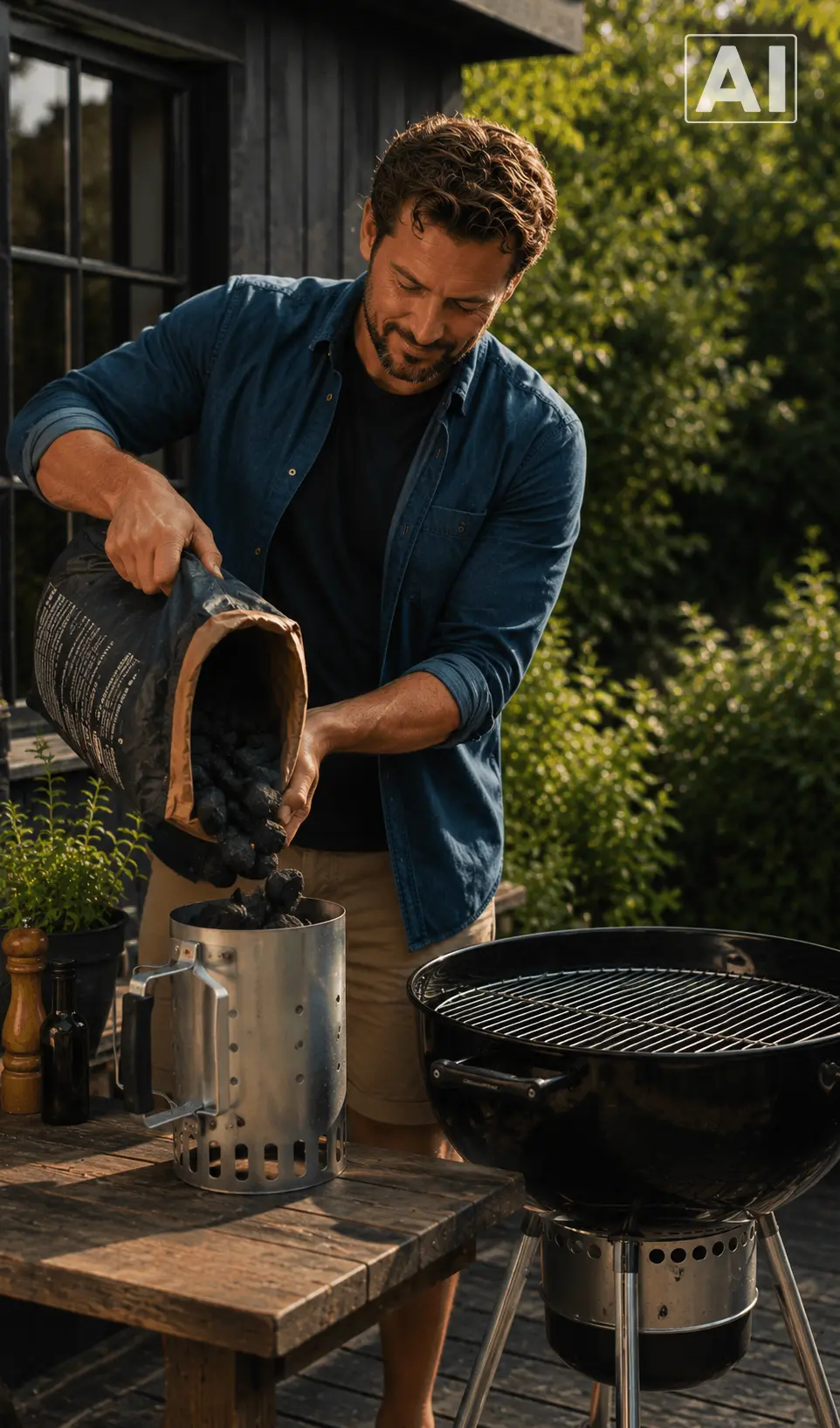 man hælder kul i grillstarter