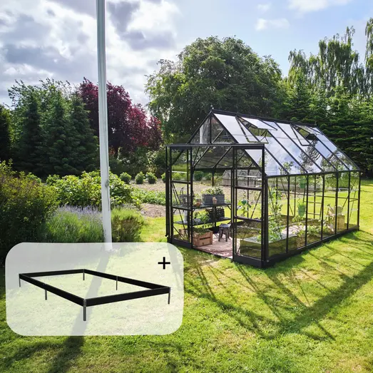 Halls ICON 8 9,7 m² sort m/3 mm delt glas og fundament