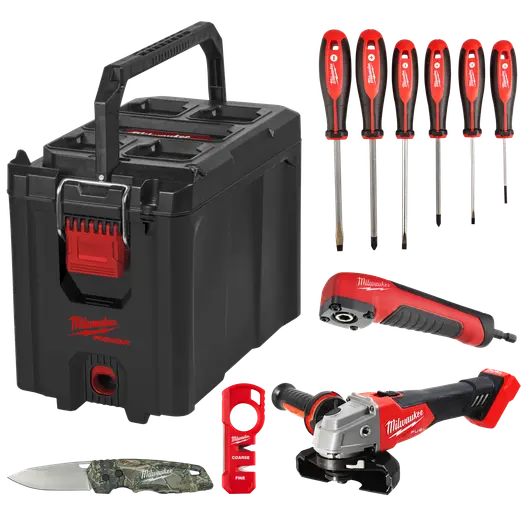 Milwaukee boks m/vinkelsliber, håndværktøj og Packout™ kuffert