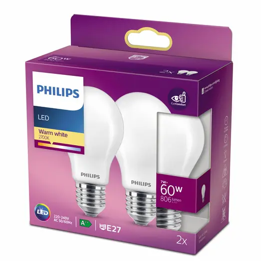 Philips Standard LED pære E27 60W 2 pack