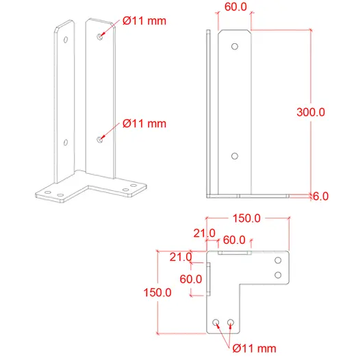 Plus Hjørne Stolpefod til fundament  9x9x30 cm  m/skruer sort
