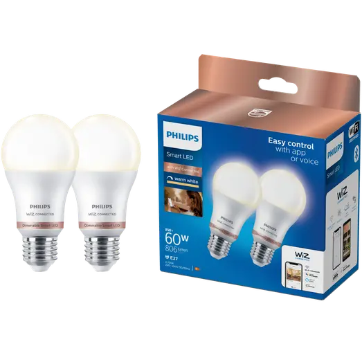Philips Smart WiZ white LED pærer E27 8,5W standard mat 2 stk