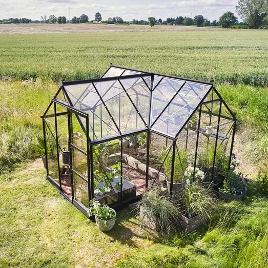 Halls ICON Gardenhouse 6 8,6 m² sort m/3 mm hærdet glas og fundament