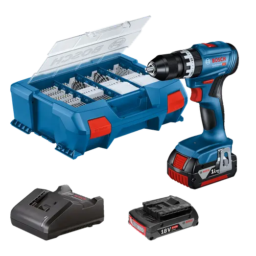 Bosch GSB 18V-45 slagboremaskine 2x4Ah batteri/lader L-Boxx 82 dele