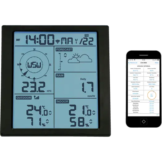 Alecto WS-5200 Professionel 6 i 1 WiFi vejrstsation med app og trådløs sensor sort