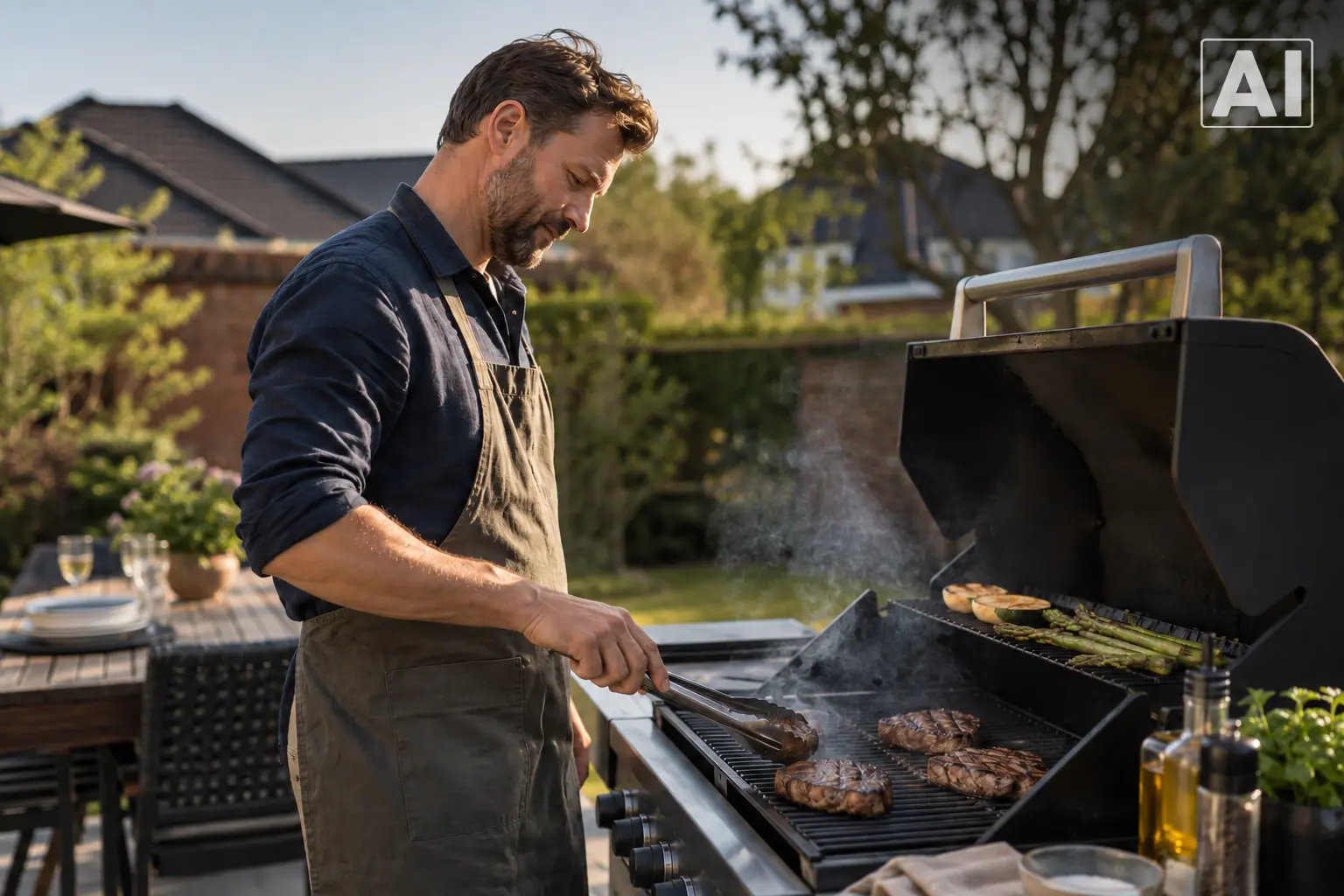 mand vender bøffer på gasgrill